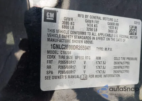 2013 Chevrolet Tahoe Commercial Fleet из США, поврежденный, VIN 1GNLC2E00DR265941